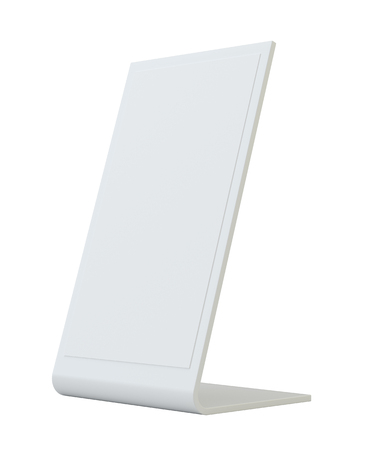 Blank flyer mockup plastic holder Clear brochure holding. Empty paper template. 3d rendering isolated on white backgroundの写真素材