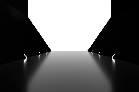 Abstract black glossy interior with glow lines and white exit in end corridor. 3d rendering.の写真素材