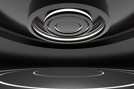 Futuristic black interior with empty stage in the center. 3d rendering.の写真素材