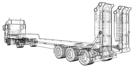 3D Tracing illustration of low bed trailer truck, Linear style.のイラスト素材
