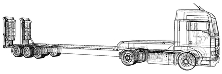 3D Tracing illustration of low bed trailer truck, Linear style.のイラスト素材