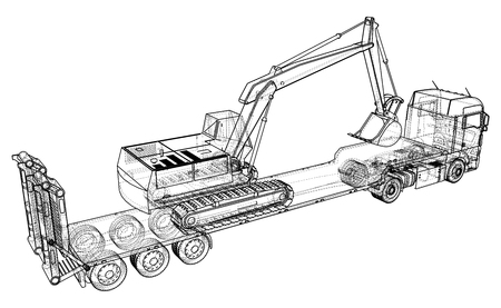 3D Tracing illustration of low bed trailer truck and excavator Linear style.のイラスト素材