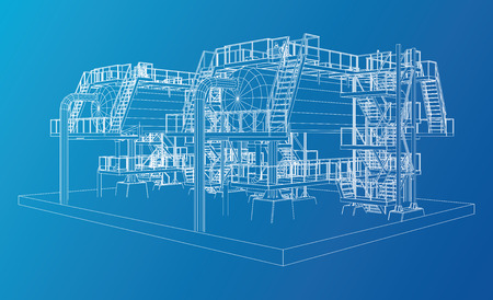 Wire-frame Oil and Gas industrial equipment. Tracing illustration of 3d.のイラスト素材