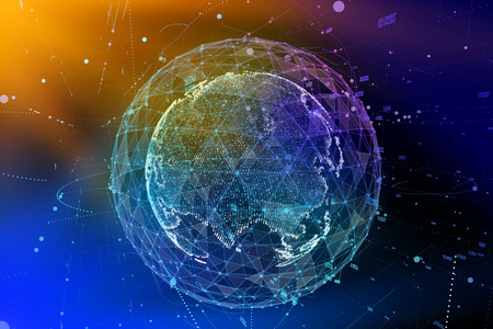 Abstract sphere shape of glowing global communication. Global Network connection visualization . Futuristic earth globe . Science and technology background. 3d illustration.の写真素材