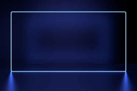 Glowing lines, neon lights, virtual reality, abstract background, square portal, arch, pink blue spectrum vibrant colors, laser show. 3d renderingの写真素材