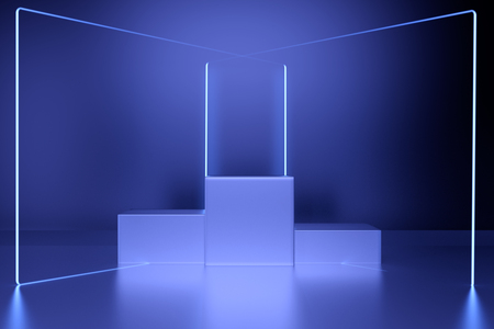 Glowing lines, neon lights, virtual reality, abstract background, square portal, arch, pink blue spectrum vibrant colors, laser show. 3d renderingの写真素材