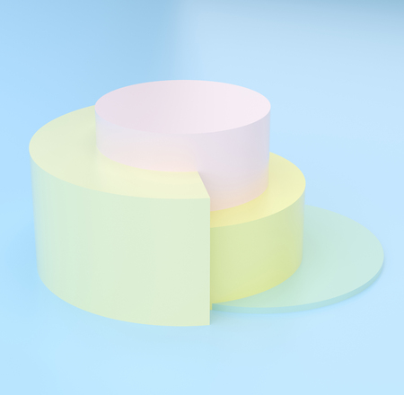 3d render, abstract geometric background, minimalistic primitive shapes, modern mock up, cylinder podium, blank template, empty showcase, shop display, blue, pink, yellow pastel colorsの写真素材