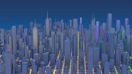 Downtown city skyscrapers. City with glow lines road and digital elements. 3D Rendering.