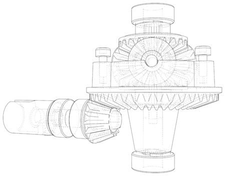 Inside view on gearbox cross section with gears and shafts. Wire-frame. EPS10 format. Vector created of 3d.のイラスト素材