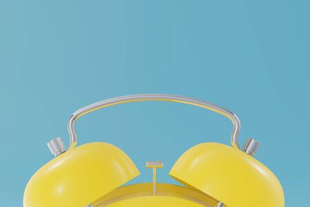Ringing alarm clock. Yellow table clock on blue background. 3d rendering.