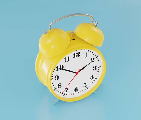 Yellow alarm clock, ringing, blue background 3d renderingの写真素材