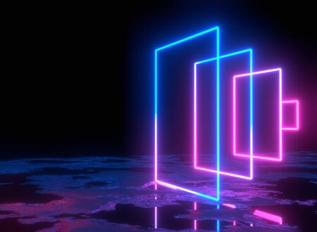 Futuristic Sci Fi Rectangle Purple And Blue Neon Glowing Lights In Empty Dark Room With stone Floor...