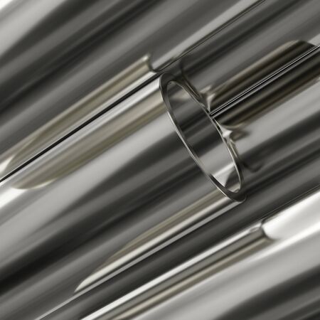 Steel pipes on white background. Glossy 3d rendering steel tubes design.の写真素材