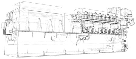 Gas-engine. Gas engine is an internal combustion engine which runs on a gas fuel. Wire-frame line isolated on white. Vector rendering of 3d.のイラスト素材