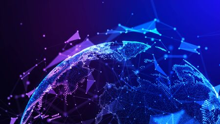Connection lines Around Earth Globe. Background with Light Effect. Global International Connectivity Background. 3D illustration.の写真素材
