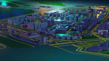 Downtown city. City with glow lines road and digital elements. 3D Rendering.
