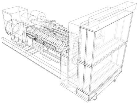 Gas-engine. Gas engine is an internal combustion engine which runs on a gas fuel. Wire-frame line isolated on white. Vector rendering of 3d.のイラスト素材