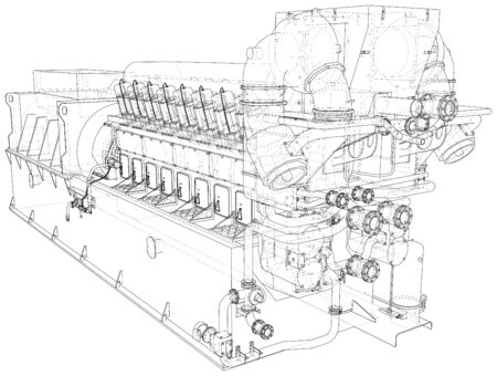 High voltage industrial standby diesel generator at a power generation. The layers of visible and invisible lines are separated.