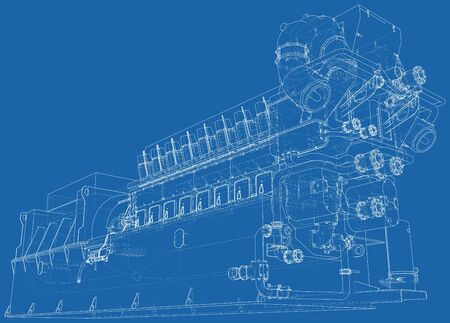 Standby diesel generator. Wire-frame line isolated on white. Vector rendering of 3d.のイラスト素材