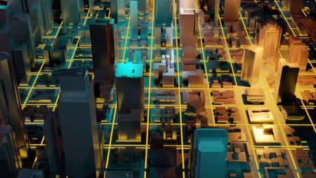 Digital 3d rendering city. Light trails symbolise data travelling in modern city. Flowing data particles and random shapes.の写真素材