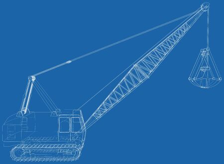 Walking Dragline, Mobile excavating machine used in open-cut mining. The layers of visible and invisible lines are separated. Wire-frame.のイラスト素材
