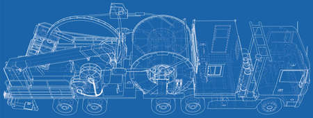 Wire-frame line coiled tubing truck isolated on white. Vector rendering of 3d.のイラスト素材