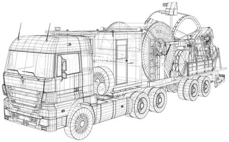 Wire-frame line coiled tubing truck isolated on white. Vector rendering of 3d.のイラスト素材