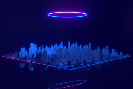 illustration architecture, cityscape with space and neon light effect. Modern hi-tech, science, futuristic technology concept. Abstract digital high tech city design. 3d illustration.の写真素材