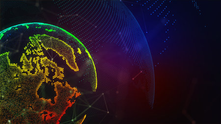Colorfull background with earth planet. Internet satellites transmit signals. Planet map. Global social network. Future. Internet and technology. Geometric floating blue plexus. 3d illustration.の写真素材