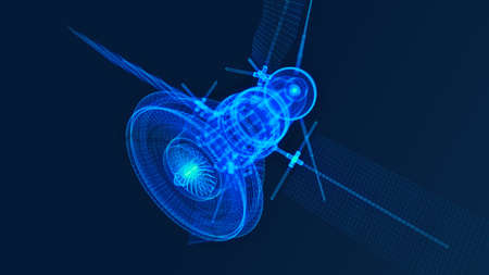 Satellite from lines and triangles, connecting network point on a blue background. Space satellite monitoring from Earth orbit. 3d illustration.の写真素材