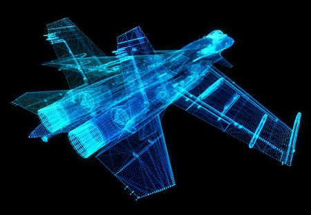 Military Jet from x-ray polygonal line. Air plane in motion, lines and connected to 3d form. 3d rendering.の写真素材
