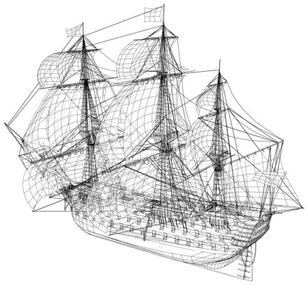 Yachts on sea waves. Seagull in the sky. Draw one continuous line. Vector illustration. Isolated on white backgroundのイラスト素材