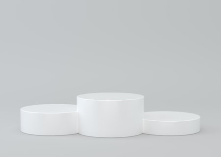White realistic 3D cylinder steps pedestal podium. Abstract studio room with geometric platform design. Gray minimal scene for products showcase, Promotion display.の写真素材