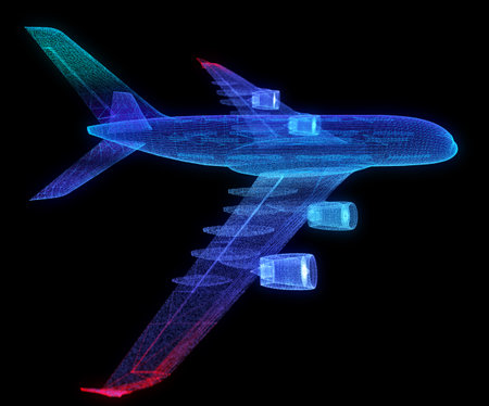 Airplane flying travel. Blue business airliner tourism wireframe mesh and dots. dark structure background. 3d illustrationの写真素材