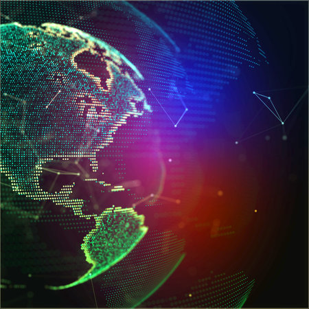 Colorfull background with earth planet. Internet satellites transmit signals. Planet map. Global social network. Future. Internet and technology. Geometric floating blue plexusの写真素材