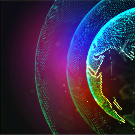 Internet satellites transmit signals Planet. Global network. Future. Internet and technology. Geometric floating plexusの写真素材