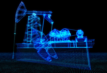 Oil pump jack under. Oil rig energy industrial machine for petroleum. Blue lines form Oil pump jack.