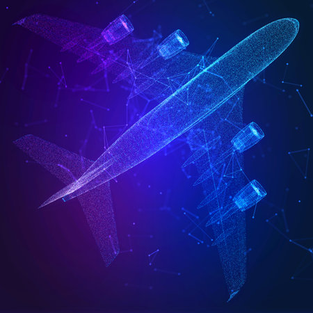 3d airplane. Abstract top view wireframe. Digital airliner and world map concept in dark blue background. Low poly mesh with dots, lines and glowing starsの写真素材