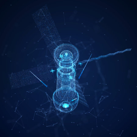 Satellite communications with solar panels. Particles formation of satellites 3d digital formの写真素材