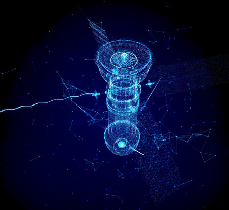Satellite from lines and glow dots, connecting network point on a blue background. Space satellite monitoringの写真素材