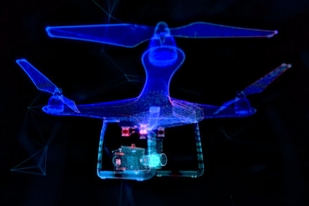 Digital quadcopter with camera. Abstract mesh art with lines, dots and particlesの写真素材