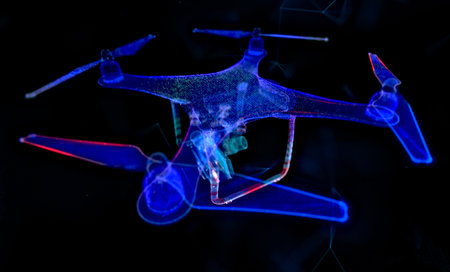 Digital 3d drone. Abstract quadcopter. Abstract mesh art with lines, dots and particlesの写真素材
