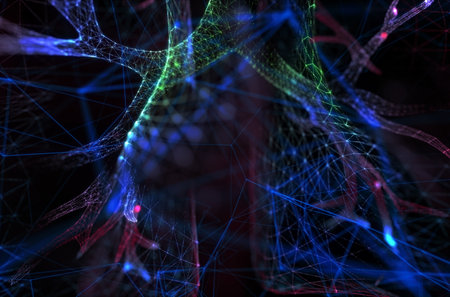 Glowing human lungs made of neon particles. Bright magic lungs health concept art in modern abstract style consists of colorful dots.の写真素材