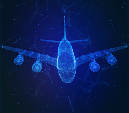 Airplane. Abstract airliner in the sky. Travel, tourism, business, transportation concept. Aircraft dark blue mesh with dots, lines and glowing starsの写真素材