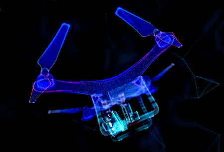 3d drone. Quadcopter with camera. Abstract mesh art with lines, dots and particlesの写真素材