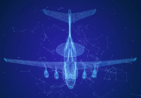 Military force AWACS jet airplane. Glowing neon particles and blue lights formation of 3d model airplaneの写真素材