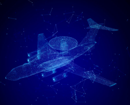 Military force air flying radar AWACS jet airplane. Glowing blue lights 3d model airplaneの写真素材