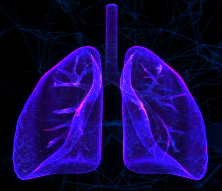 Glowing human lungs made of neon particles. Bright magic lungs health abstract style consists of colorful dots.の写真素材