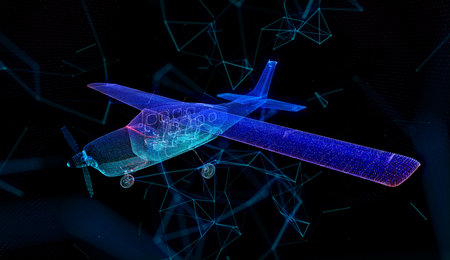 Aircraft. Airplane with piston engine and propeller. Polygonal line Digital 3d model.の写真素材