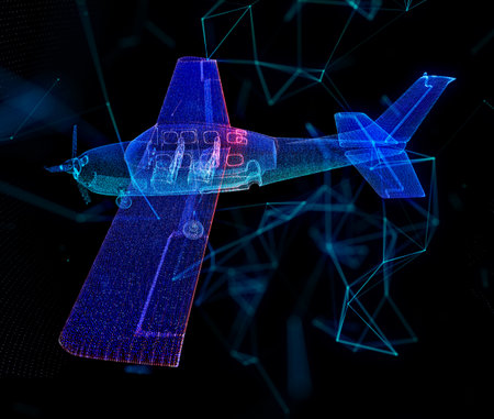 3d airplane. Digital airliner and world map concept in dark blue background. Dots, and glowing stars...